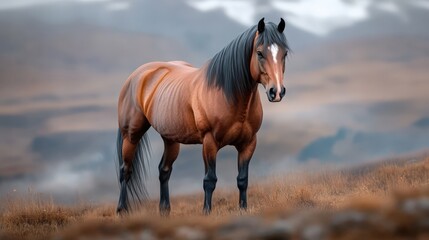 Fototapeta premium A majestic horse standing gracefully in a tranquil landscape, showcasing strength and beauty in nature's serene backdrop.