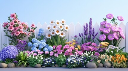 Fototapeta premium Vibrant flower garden with diverse blossoms in various colors, set against a white picket fence and clear blue sky.