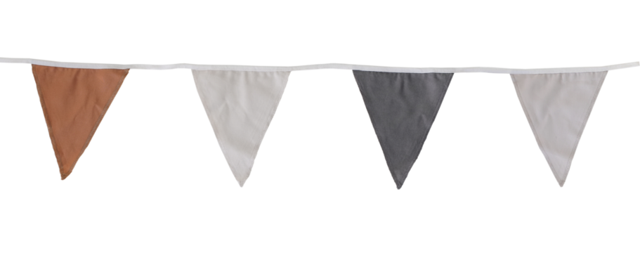 Orange, black, white textile bunting flags isolated on transparen background. Simple pastel fabric birthday garden party flags decor. Summer, autumn or Halloween holiday decoration, festive web banner