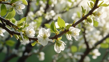 A slow-motion capture of young buds gently unfurling on tree branches, with soft light illuminating the fresh green leaves, highlighting the delicate beauty of spring's awakening, Generative AI