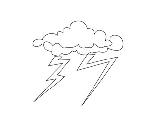 Continuous one line drawing of thundercloud and  lightning storm. . Cloud in the sky single line vector illustration.