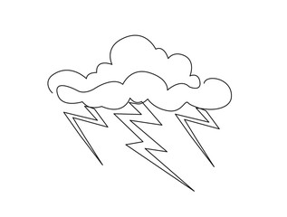 Continuous one line drawing of thundercloud and  lightning storm. . Cloud in the sky single line vector illustration.