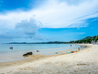 Seascape view with white sand, quiet beach, clear sea water, blue sky in summer of Koh Samet (Samet Isalnd) in Thailand