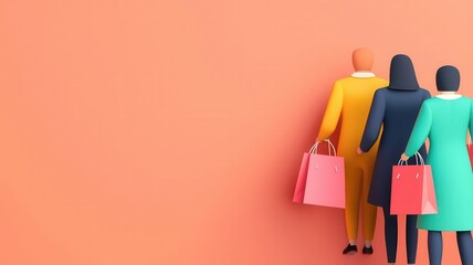 Black Friday, shopping frenzy with customers carrying bags, 3D illustration