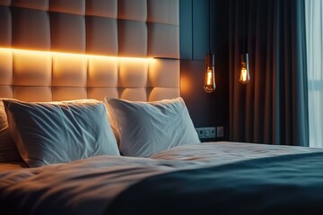 Cozy Modern Bedroom with Warm Lighting and Comfortable Bed