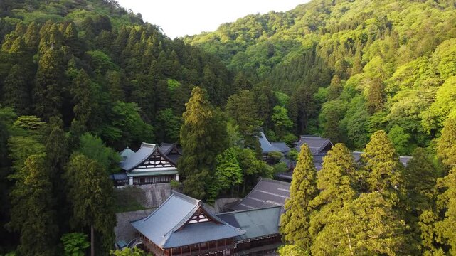 Eihei-ji - Zen meditation temple in the mountains with forest, Fukui, Japan (drone)