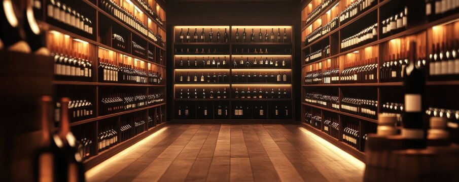 Cozy wine cellar with wooden shelves filled with assorted wine bottles. Soft lighting enhances the warm ambiance and inviting atmosphere.