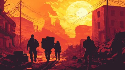 Fototapeta premium Volunteers delivering supplies to a disaster-stricken area, with a sunrise symbolizing hope in the background. The art style is detailed with warm colors, and space at the top for text