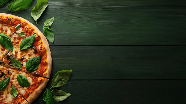 Delicious pizza topped with fresh basil leaves on a rustic wooden surface, perfect for showcasing culinary treats.