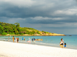 Seascape view with white sand, quiet beach, clear sea water, blue sky in summer of Koh Samet (Samet Isalnd) in Thailand