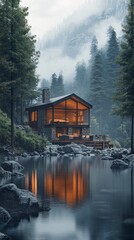 Obraz premium A cabin is surrounded by trees and a lake