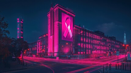 A dramatic night scene of a landmark building illuminated in pink lights with the breast cancer ribbon projected on its facade, creating a powerful visual statement of solidarity and awareness during