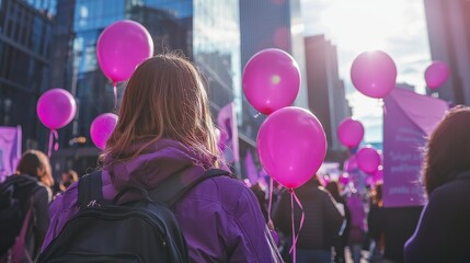 A vibrant image of a purple October breast cancer awareness event with participants holding pink...