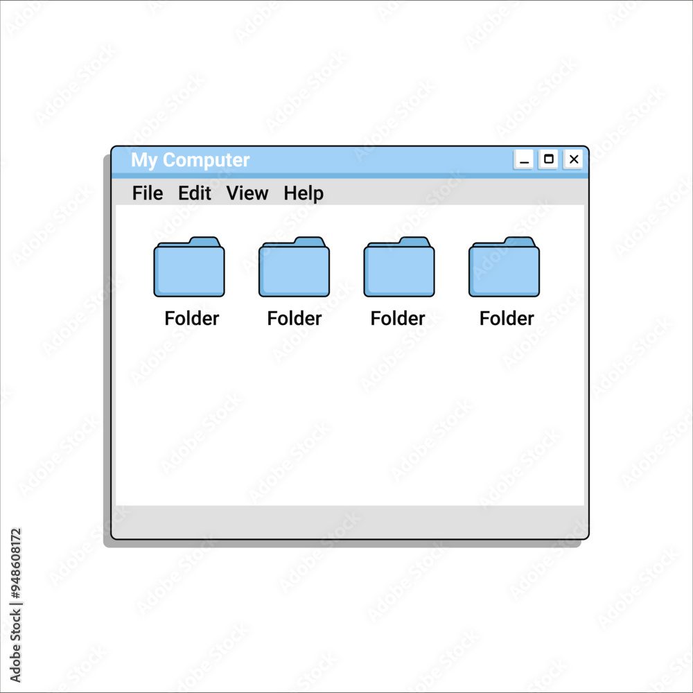 Poster Old file explorer program in blue color with files and folders. User interface in retro style.