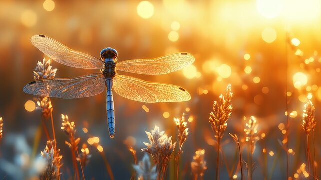 Blue Dasher Dragonfly positioned to the left in a bright, cinematic marsh