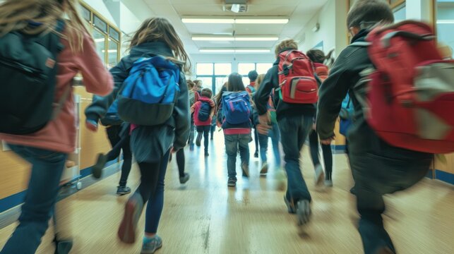 Rear view of pupils rushing down school corridor