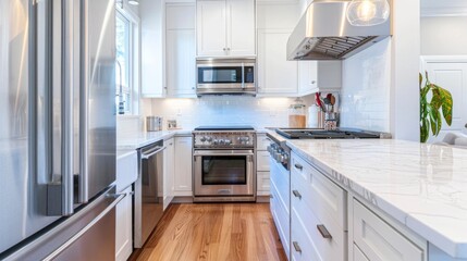 Fototapeta premium Create an image of a modern kitchen featuring sleek stainless steel appliances, including a refrigerator, oven, and dishwasher, all set in a stylish, contemporary design.