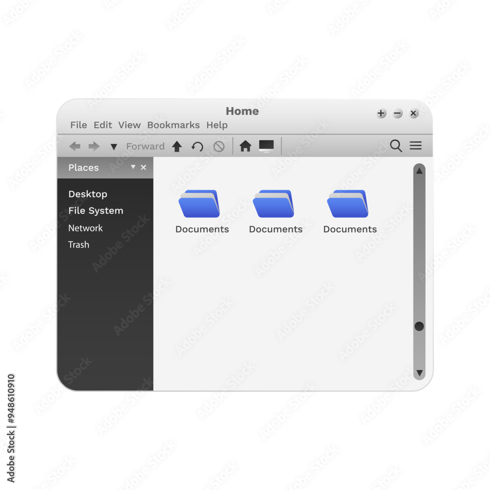 Poster modern file manager window with blue folders. my computer page on screen. system explorer with files