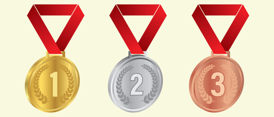 3D Realistic Medal icon, vector set. Gold, silver, bronze medal with ribbon. Award Medal, silhouette icon. Sport award, top reward, winner and champion trophy. Vector illustration.