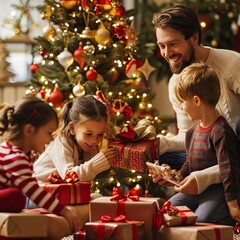 This heartwarming scene captures a delighted family celebrating Christmas together around a sparkling tree, unwrapping gifts and sharing smiles against a backdrop of festive decorations and soft light