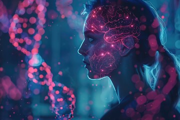 Futuristic technology concept: person's silhouette with holographic brain and DNA strands, illuminated by pink and blue lights