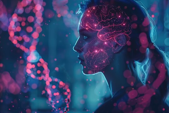 Futuristic technology concept: person's silhouette with holographic brain and DNA strands, illuminated by pink and blue lights