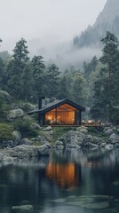 Fototapeta premium A small cabin is nestled in the woods, with a lake in the background