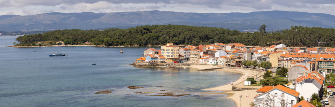 Wide Panoramic View of Carril village center, Villagarcia de Arosa, Pontevedra, Spain on sunny day
