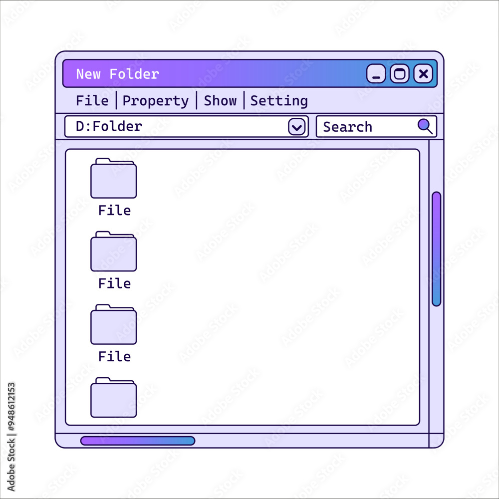 Poster Old file explorer in retro style with gradient and folders. Window with document on screen.