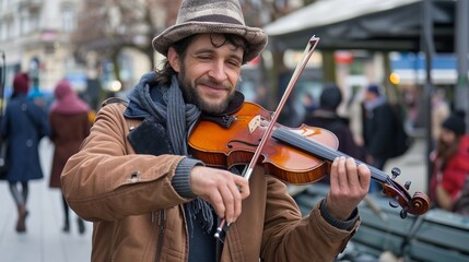 Street Musician Playing Violin in Urban Setting - Vibrant City Life and Culture