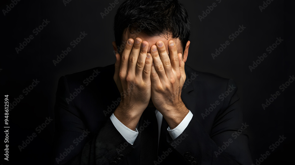 Canvas Prints Emotion of stress or despair. Portrait of overstressed business man covering face with his hands isolated. 