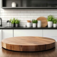 Empty beautiful round wood tabletop counter on interior in clean and bright kitchen background, Ready for display, Banner, for product montage .generative ai
