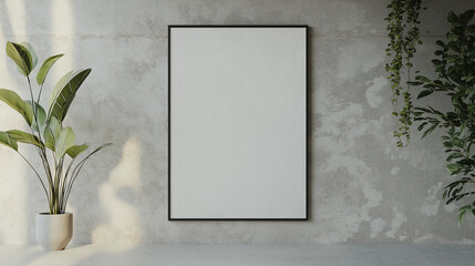 Frame mock up with blank white poster | Black frame on textured concrete wall | Green potted plants with sunlight and shadow play | Modern interior design concept