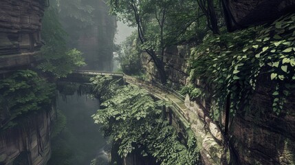 A wooden bridge weaves through a lush green canyon, shrouded in mist.