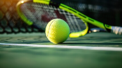 Tennis ball on green court with racquet in the background.