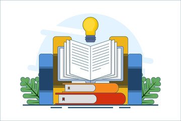book reference concept, library, stack of books and light bulb. literature, educational design, idea, brainstorming, education and reading. Ideas and inspiration. Symbol or icon. vector illustration.