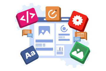 Concept of developer building a website Front-end user interface, UI UX, Software development, Web design, App design, Coding, Web development. Flat vector illustration on background.