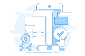 Digital payment system concept, Online payment, Online invoice, Online payment with smartphone and bank application. Online payment via smartphone, application for money transfer and payment. Vector.