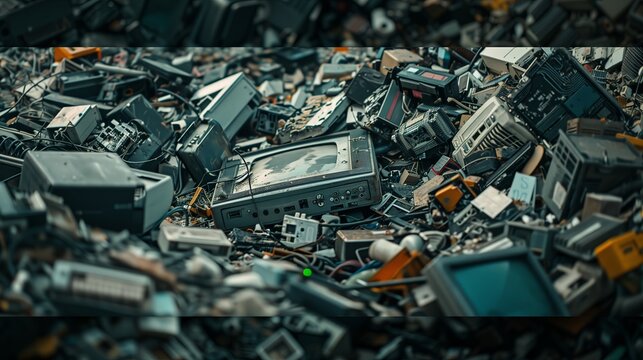 A detailed close up shot of a large mound of electronic debris, featuring cracked monitors, outdated laptops, and various broken gadgets. The textures of the plastic and metal