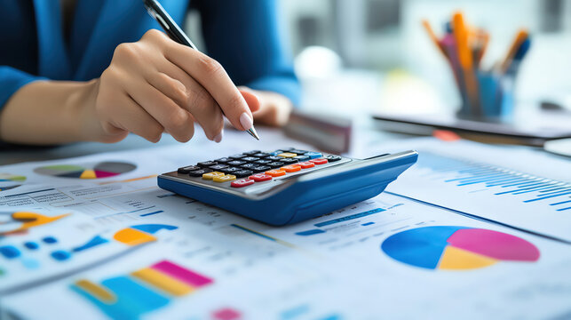 A professional analyzing data using a calculator, surrounded by colorful graphs and charts on a modern office desk.