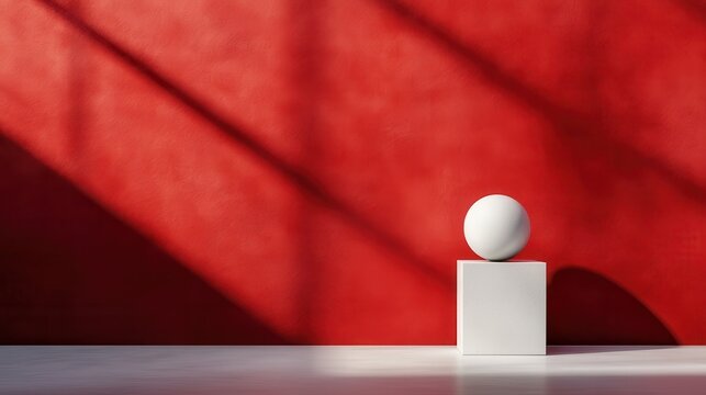 A striking image featuring a single white sphere balanced on a small pedestal, accentuated by a stark red wall in the background, casting elongated shadows.