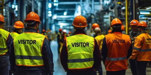 During a comprehensive factory tour, visitors are required to wear hard hats and reflective vests, emphasizing the critical importance of safety measures and compliance protocols on industrial sites