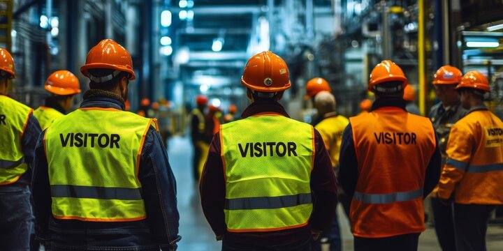 During a comprehensive factory tour, visitors are required to wear hard hats and reflective vests, emphasizing the critical importance of safety measures and compliance protocols on industrial sites