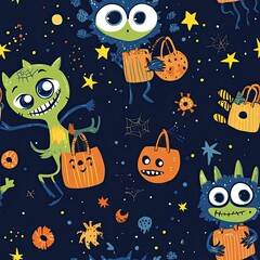 Cute Friendly Monsters Holding Trick-or-Treat Bags Under Starry Halloween Night Sky