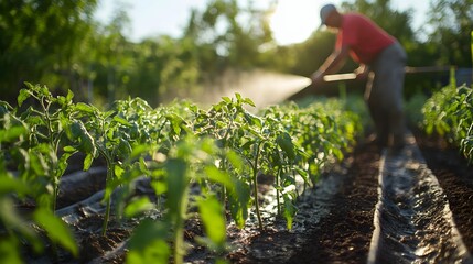 Fototapeta premium 155. **A farmer watering rows of young tomato plants with a hose.