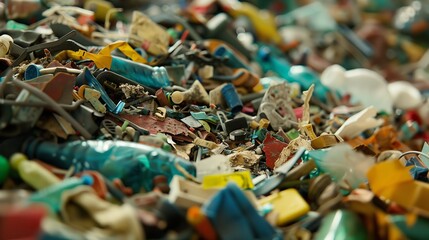 A detailed close up shot of a large mound of plastic debris, including crushed bottles, fragmented toys, and torn packaging. The different materials and colors are clearly visible,