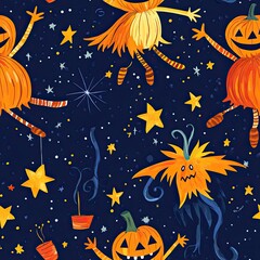 Fototapeta premium Whimsical Pumpkin-Headed Scarecrows Dancing Under the Halloween Night Sky with Festive Icons