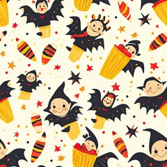 Naklejka premium Enchanting Halloween Night with Cheerful Vampires, Candy Corn, and Stars