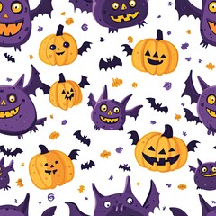 Spooky Fun Time - Cute Monsters Dancing with Pumpkins and Bats in Halloween Celebration