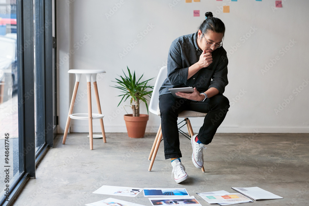Aufkleber Thinking, man and graphic designer on tablet with documents for creative idea, planning or problem solving. Reading, tech and startup business for project inspiration or decision with paper on floor